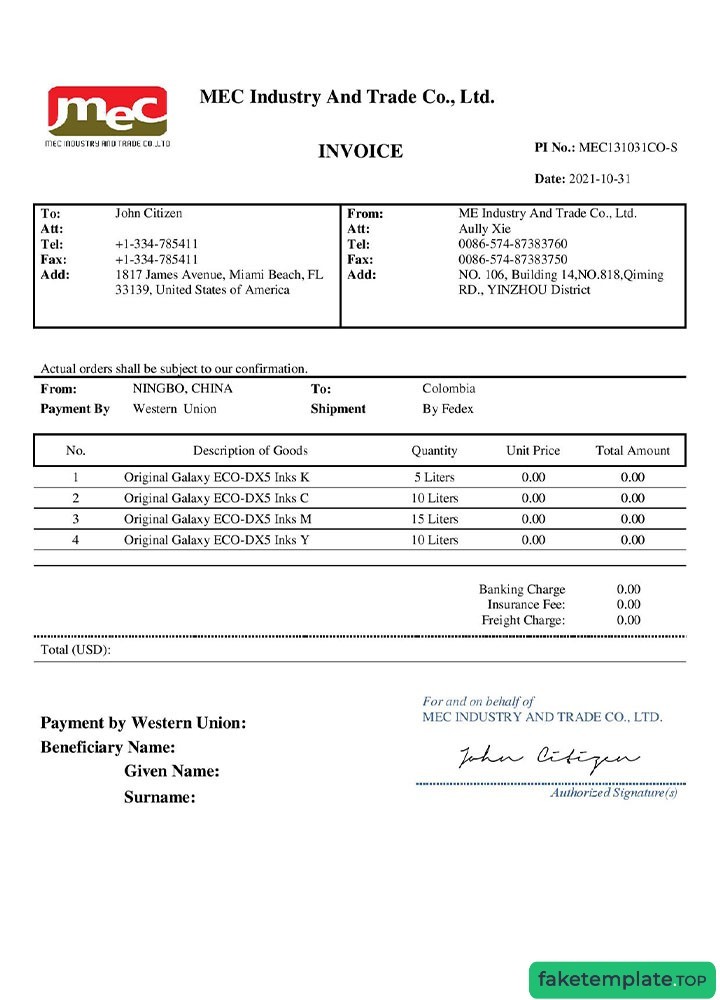 Feature of fake USA MEC Industry and Trade Co